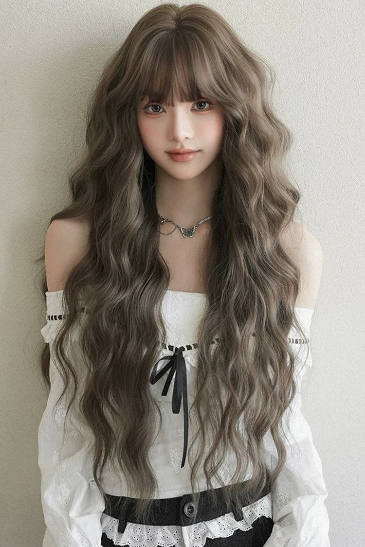 Natural Water Wave Curly Chestnut Ash Brown Long Wig, Fluffy Style