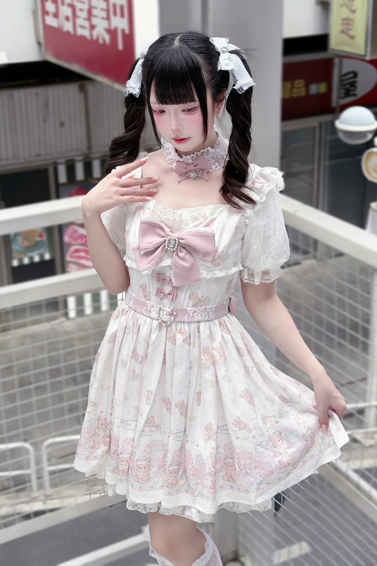 Teddy Bear Party Square Collar Dress with Ruffled Bow