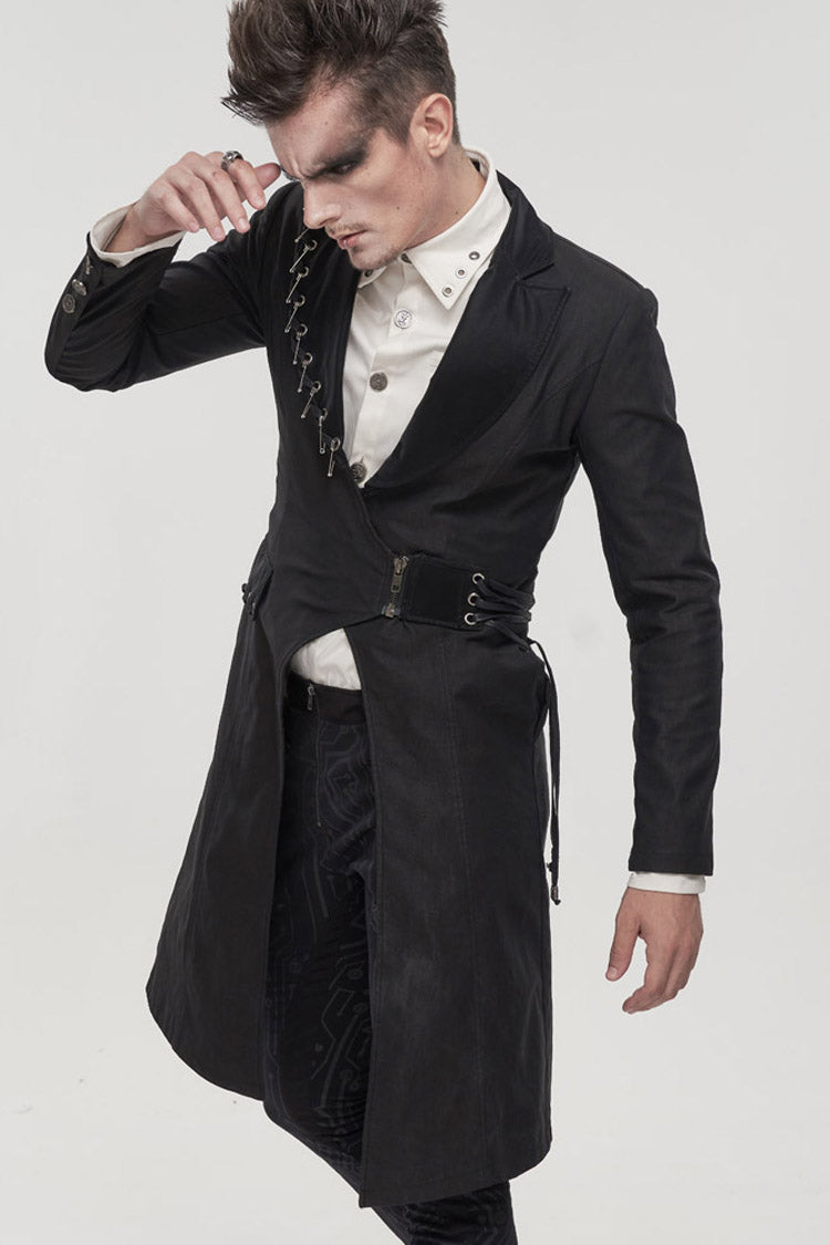 Twill Faux-Leather Pin-Decorated Drawstring Punk Overcoat