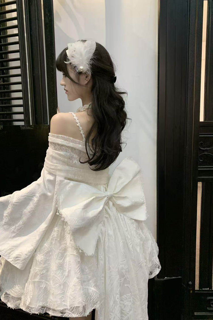 White Off Shoulder Jacquard Embroidered Bow Gothic Lolita Jsk Short Dress - Moonlight