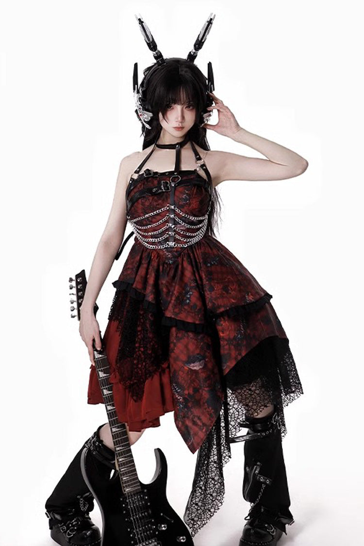 Crimson Bloody Strawberry Tears Print Sleeveless Frill Bow Lace Asymmetrical Gothic Lolita JSK