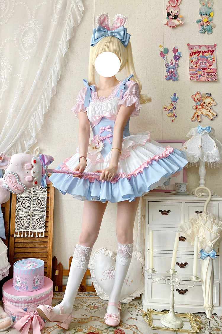 Light Blue Pink White Fairy Tale Overture Triple-Layered Ruffle Bow Fishbone Ballet Dress