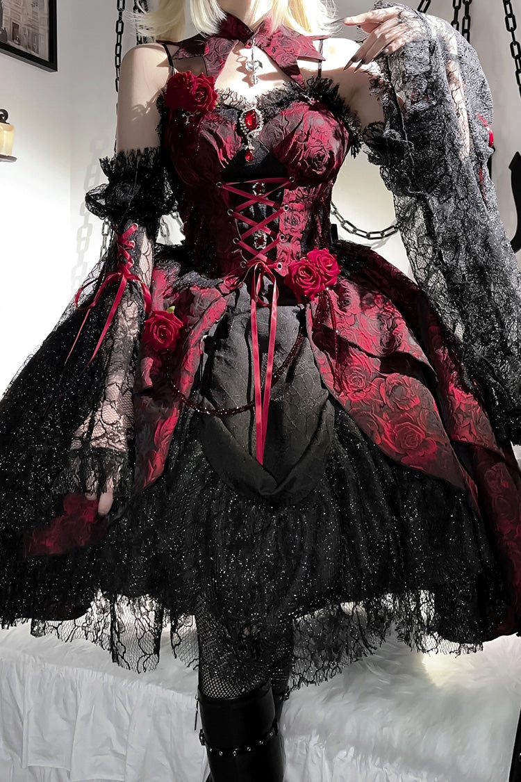 Black and Red Jacquard Print Gothic Lolita Dress with Lace-Up