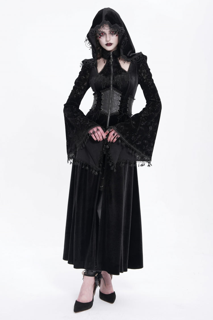 Black Long Sleeves Cutout Embroidered Hooded Ripped Gothic Coat Dress