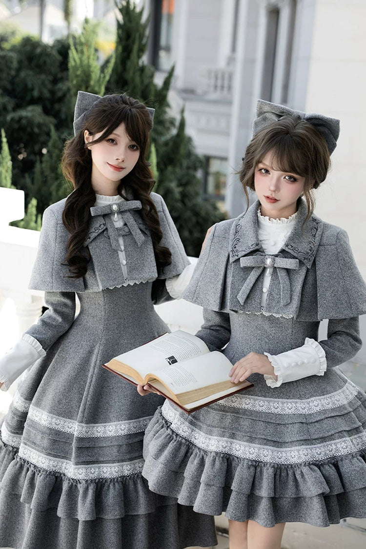 Ash Stand-Collar Ruffled Bow Lolita Gown with Poetry Motif
