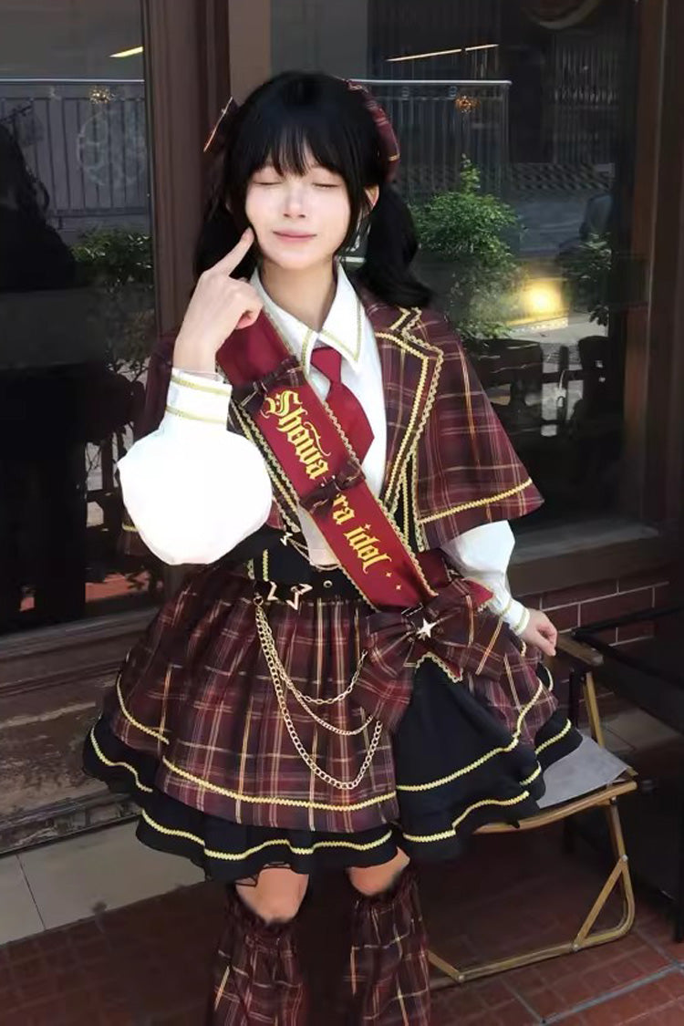 Crimson Showa Little Idol Notch Collar Long Sleeve Ruffled Open-Front Bow Asymmetric Classic Lolita Skirt Set