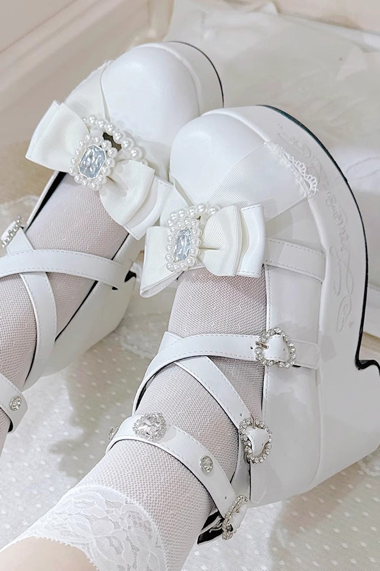 Declaration of First Love Embroidered Bow Sweet Jirai Kei Japanese Platform Shoes in Four Colors