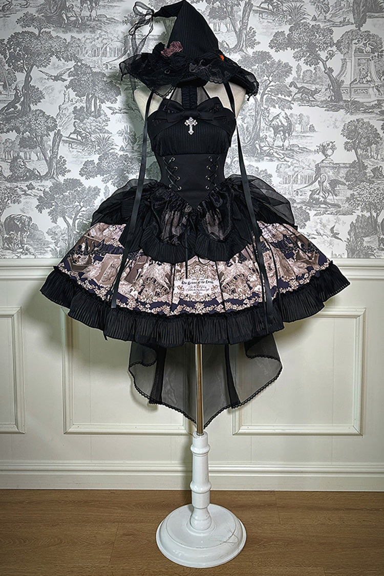 Black Halterneck Print Bowknot Drawstring Gothic Lolita Dress