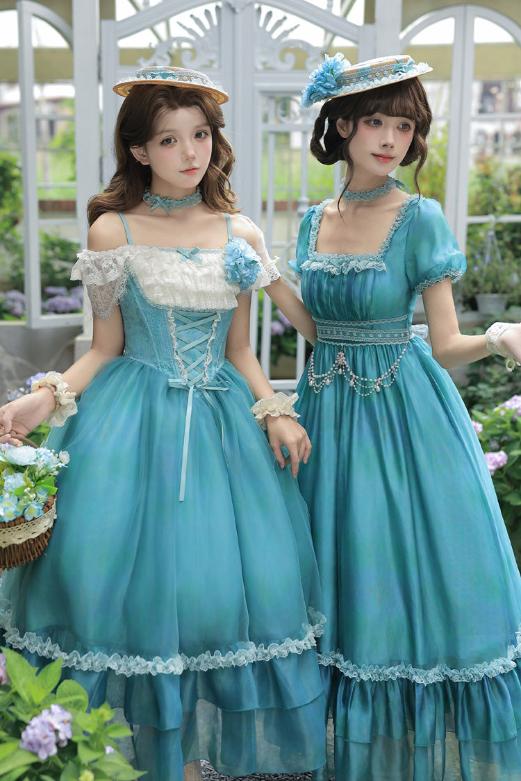 Water Lily Square Collar Ruffled Lace-Up Royal Lolita Dress