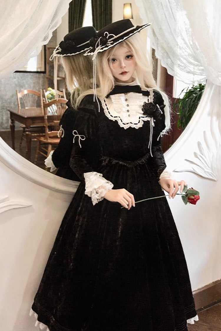 Noir Long Sleeve Ruffle Bow Lace Gothic Dress - Whispering Castle