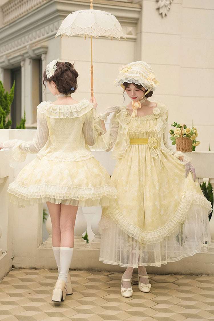 Golden Square Collar Short Sleeve Printed Ruffle Lace Sweet Elegant Long Gown - Falling Flowers as a Message