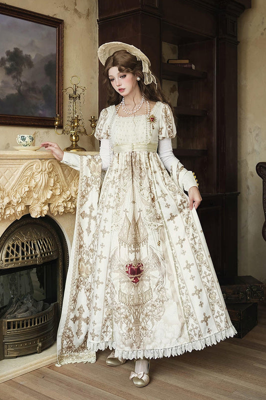 Square Collar Long Sleeves Printed Embroidered Vintage Elegant Palace Lolita Dress Three-Piece Set - Sacred Coronation