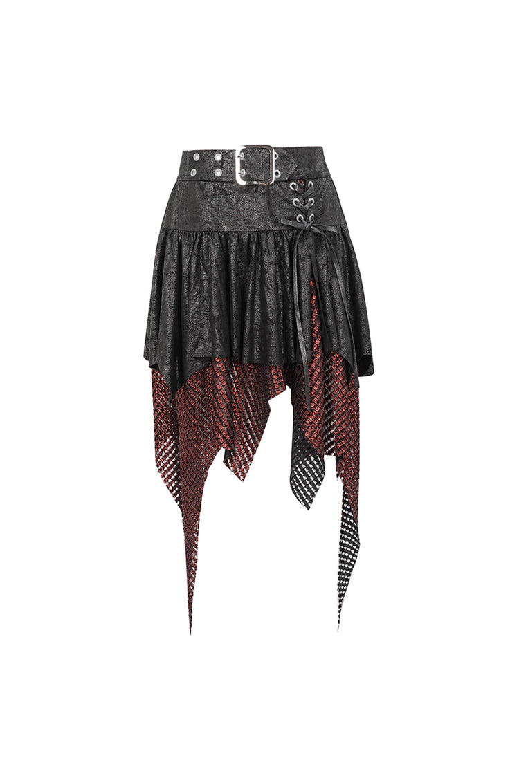 Crimson Noir Asymmetrical Mesh Patch Buckled Women's Gothic Skirt