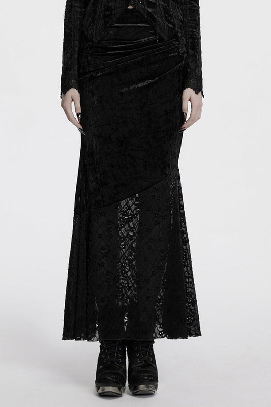 Gothic Fishtail Skirt with Batwing Embroidery & Lace Trim