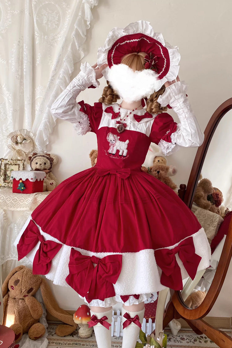 Crimson Shepherd Girl's Poem Doll Neck Short Sleeve Ruffled Bow Sweet Lolita Gown