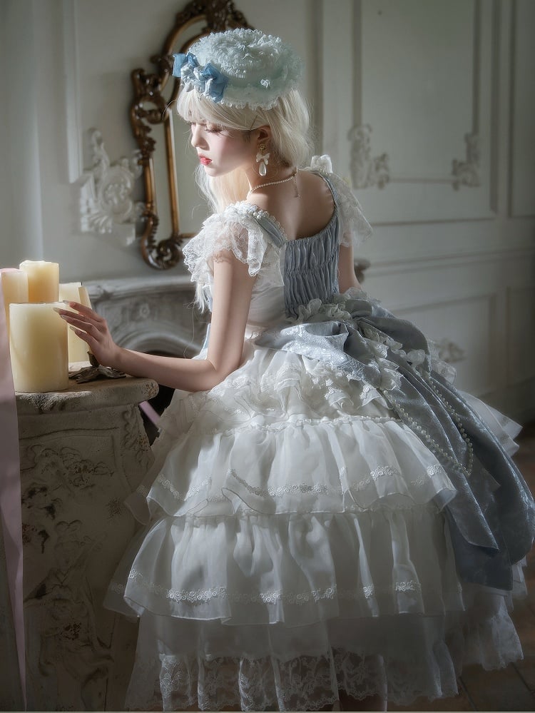 and Hanayome White Hime Full Tiered Skirt Bows Decoration Blue Dress Lolita Set JSK