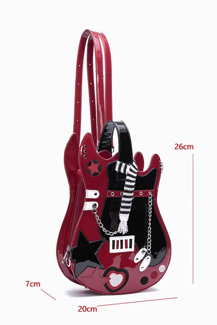 Embroidered Itabag with Guitar Heart and Chain, Color-Block Sweet Lolita