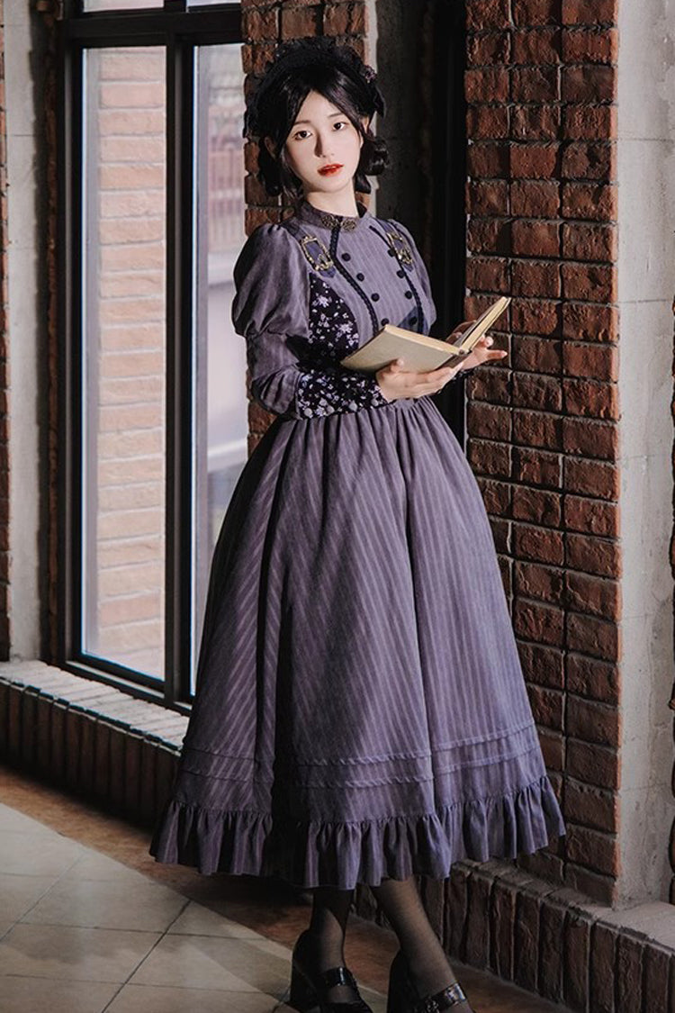 Gray Striped Long-Sleeved Classic Lolita Dress