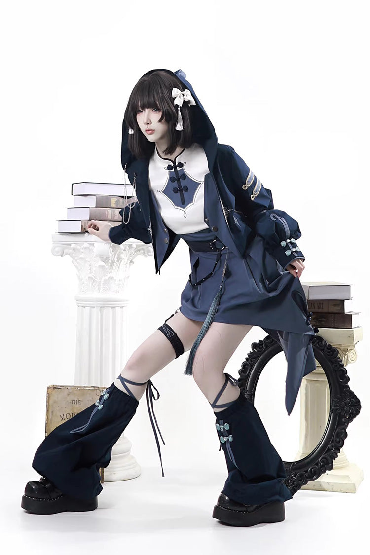 Stand Collar Long Sleeves Embroidered Hooded Asymmetric Punk Ouji Lolita Dress Four-Piece Set - Indigo Shadow Journey