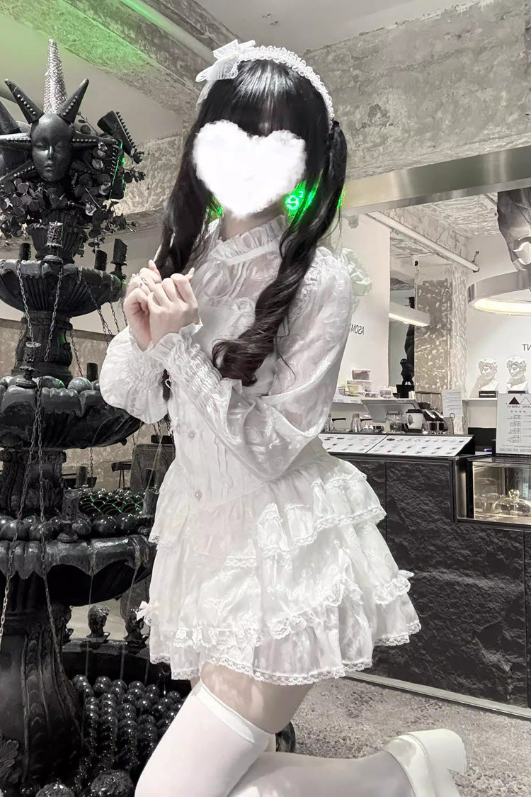 Triple-Layered Multi-Layered Jacquard Ruffled Lace-Up Gothic Jirai Kei Blouse and Pumpkin Shorts Set