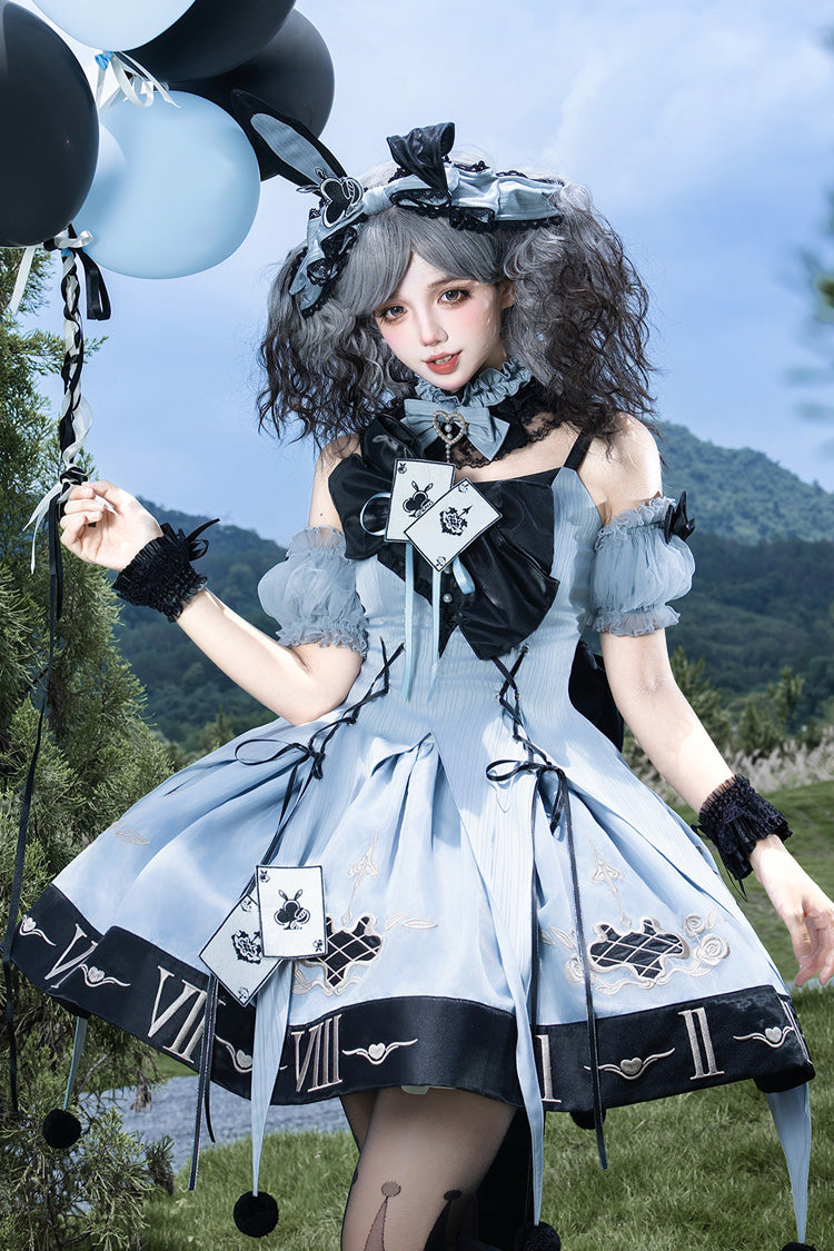 Clock Rabbit Card Game Sleeveless Jacquard Ruffle Embroidered Bow Gothic Jumper Dress