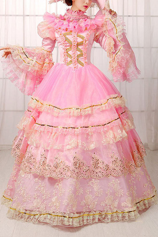 Pink Floral Embroidered Victorian Dress with Bell Sleeves - Altfashion Shop