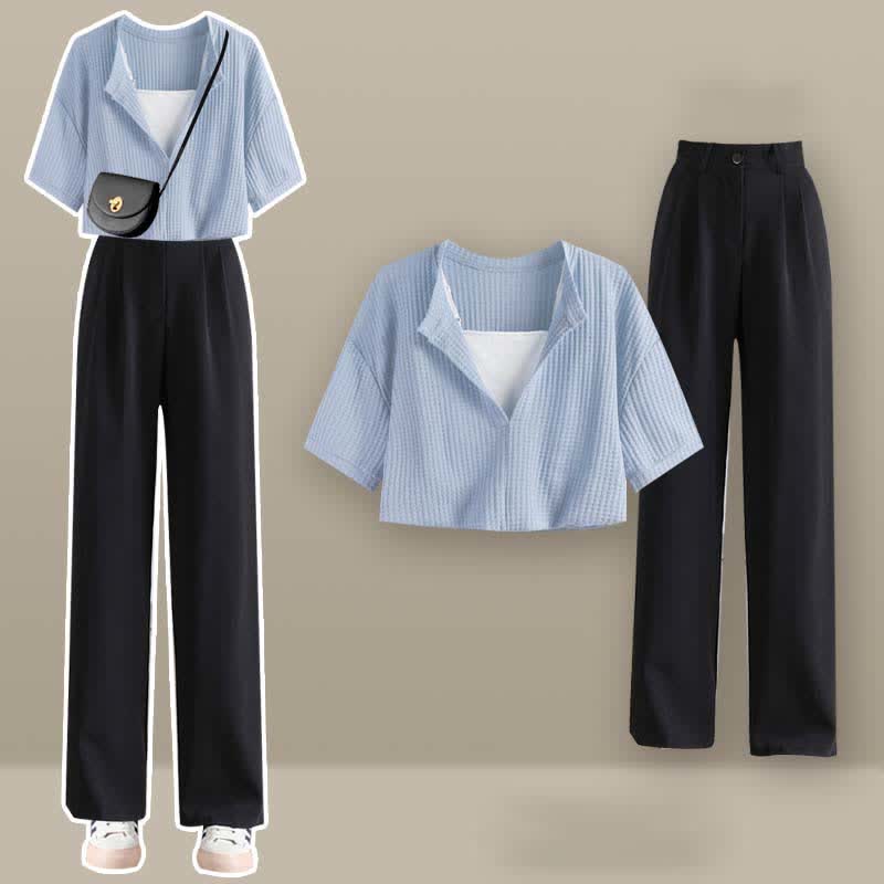 Fake Two Pieces Crop Top T-Shirt Casual Pants Set