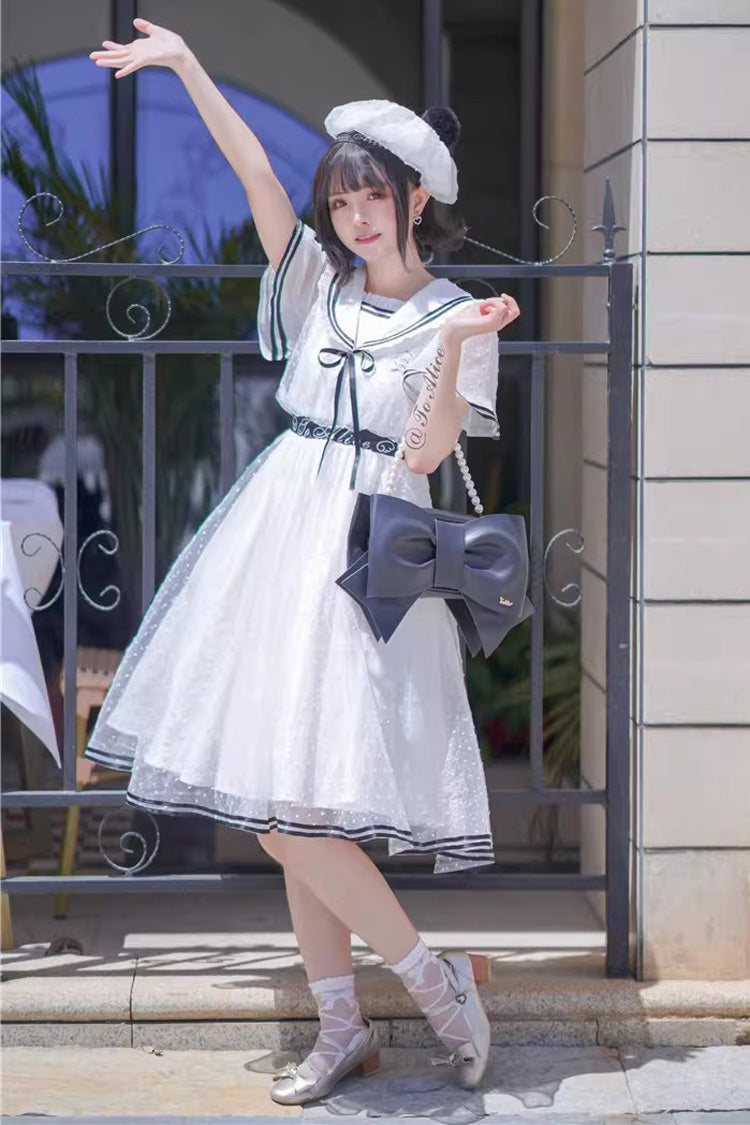 White Seaside Sweetheart Chiffon Navy Collar Short Sleeves Ruffled Lace-Up Slim Sailor Sweet Dress