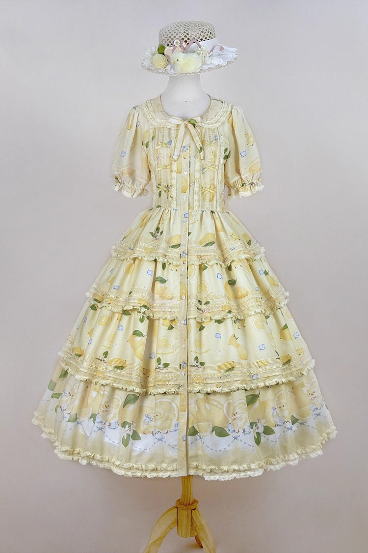 Triple-Layered Print Ruffled Bow Lace Sweet Gorgeous Lolita Dress - Yellow Lemon Chicken
