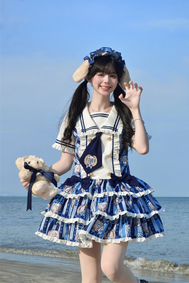 Blue Glory of the Dog Navy Collar Short Sleeves Low Waisted Triple-Layered Printed Ruffled Bow Sweet Dress