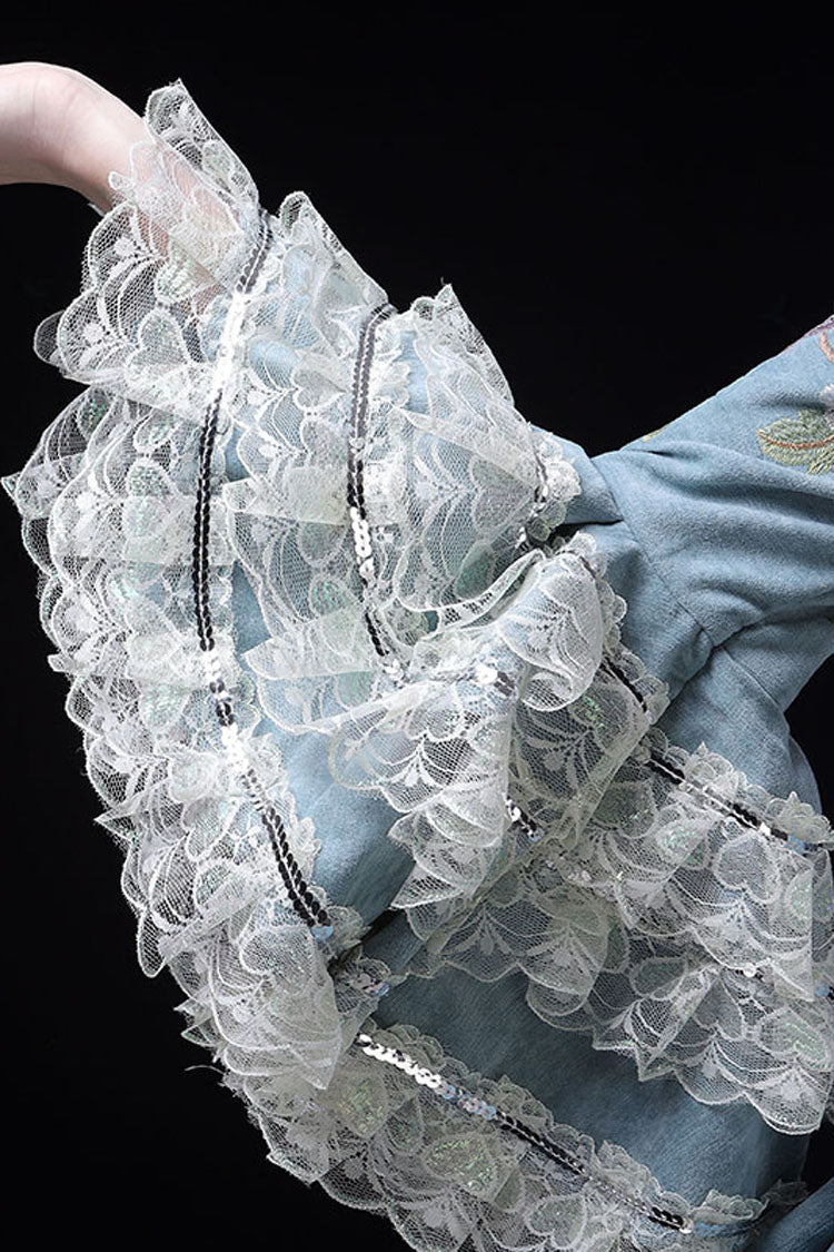 Blue Peacock Embroidery Victorian Gown - Multi-Layer Trumpet Sleeves