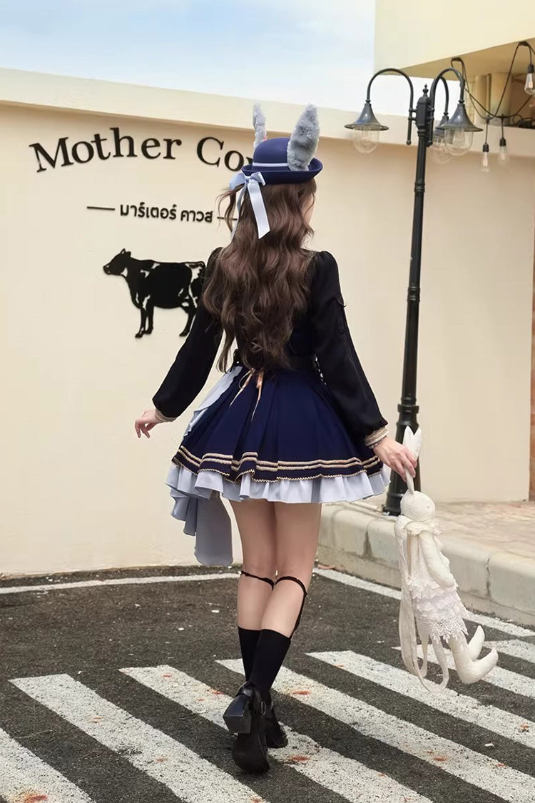 Blue Rabbit Police Officer Ruffled Bow Asymmetric College Style Handsome Jsk Dress