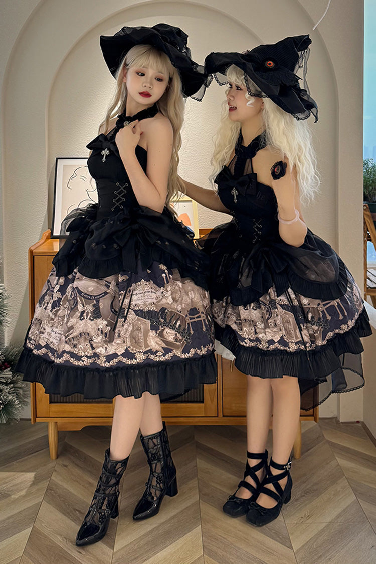 Black Halterneck Print Bowknot Drawstring Gothic Lolita Dress