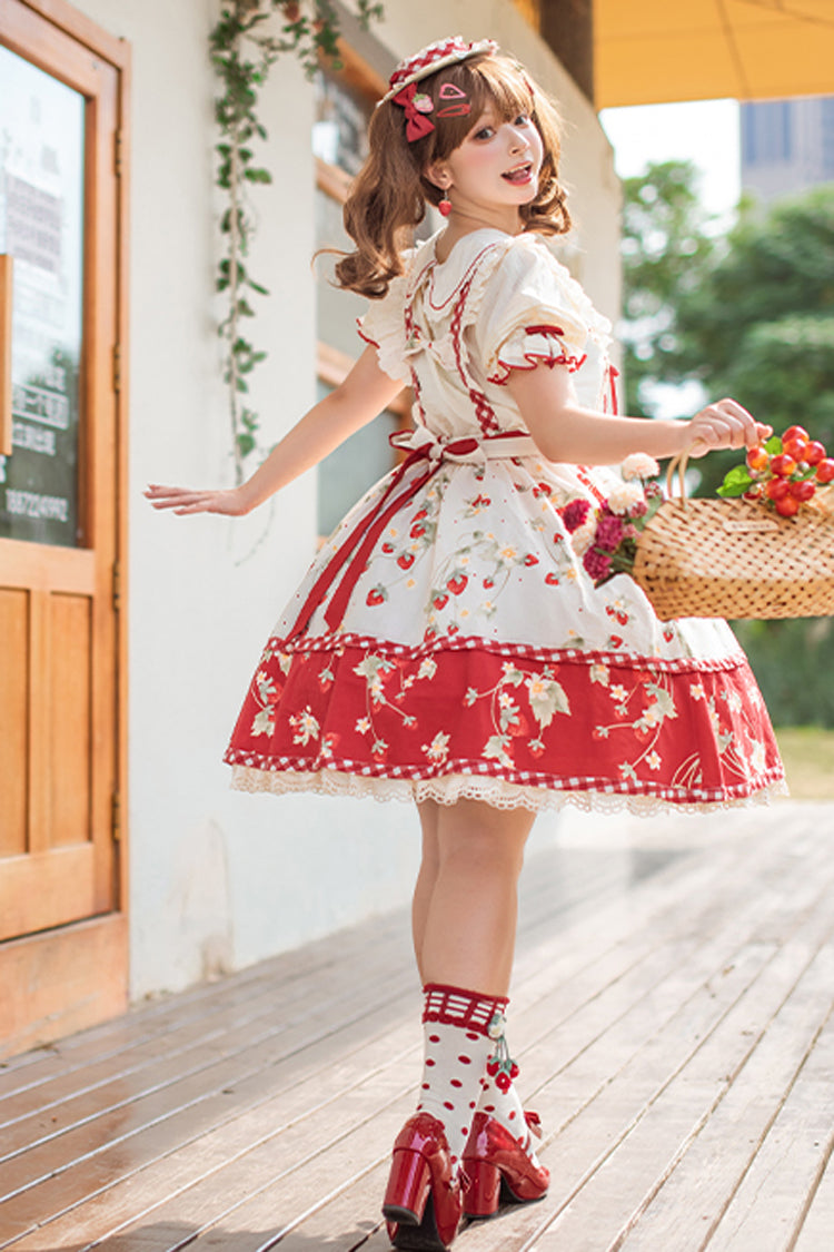 Red Strawberry Orchard Print Ruffled Sweet Lolita Strap Dress
