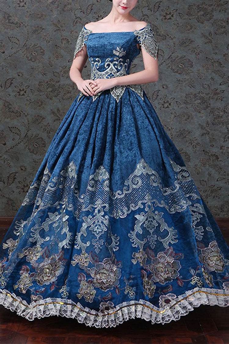 Blue Off-Shoulder Dress with Floral Embroidery - Victorian Lolita
