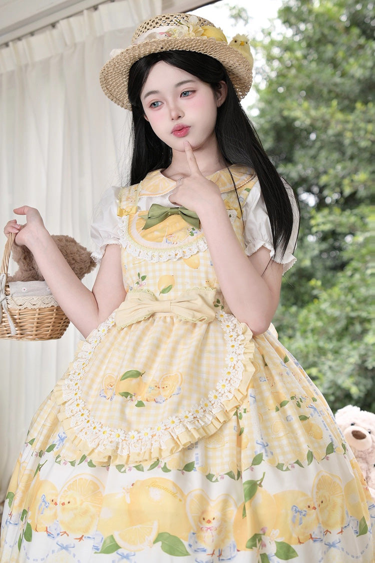 Sunshine Printed Ruffle Bow Lace Sweet Jumper Dress - Lemon Chicken