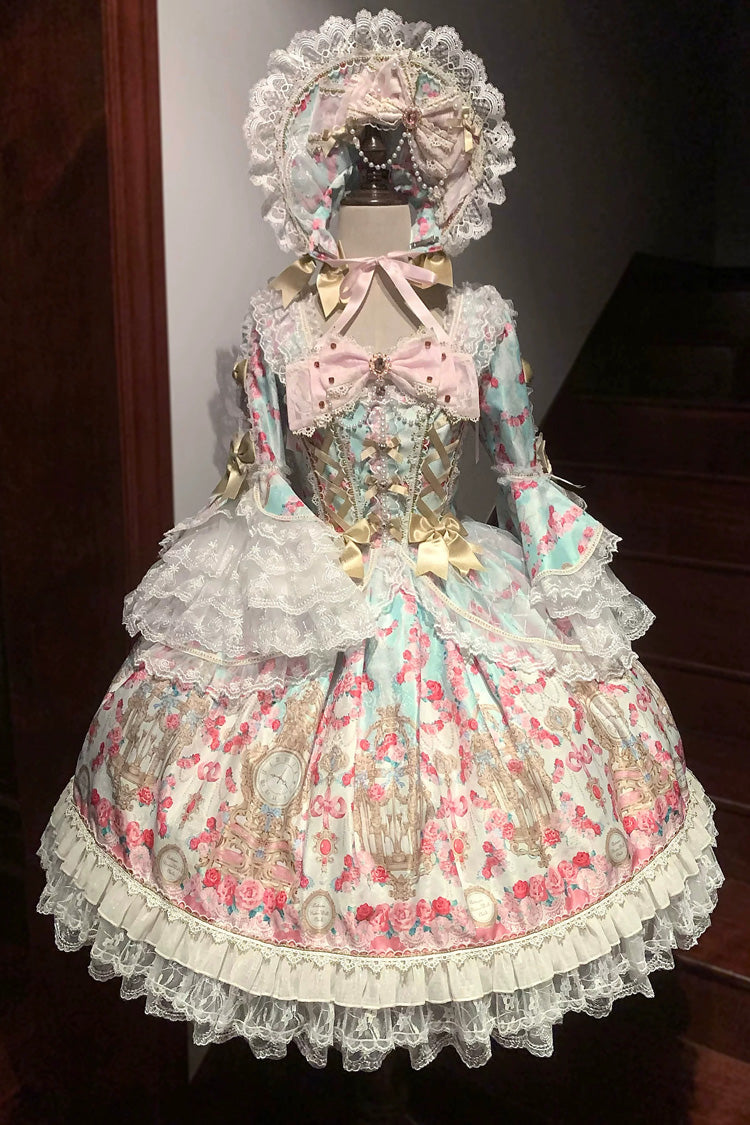 Mint Green/Pink [Rose Garden Prelude] Square Collar Long Trumpet Sleeves Printed Ruffled Bow Lace Lace-Up Sweet Lolita Dress