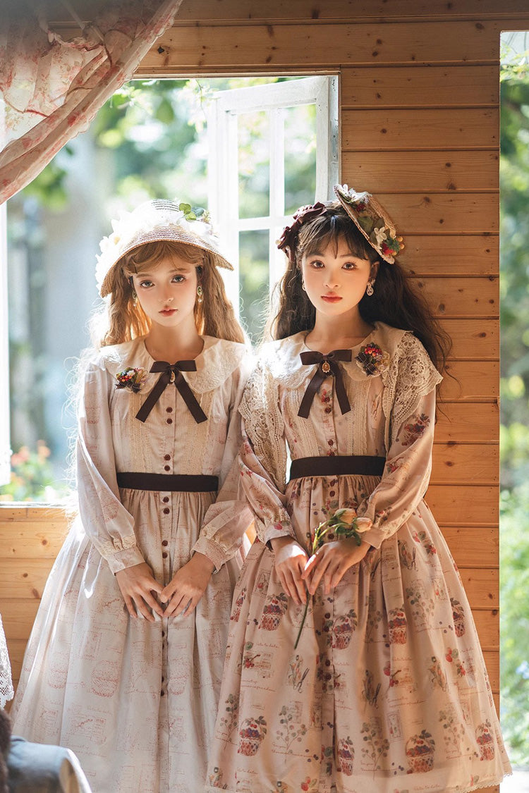 Lantern Sleeve OP Dress with Floral Print - Sweet Lolita