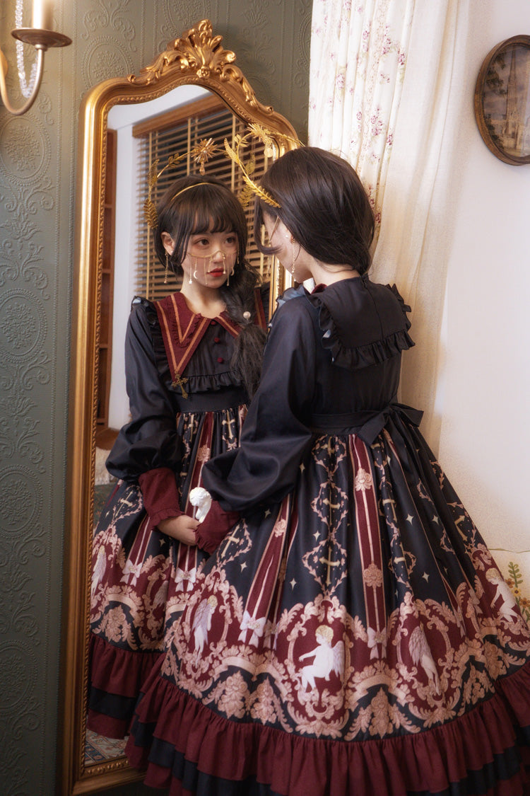 Angel Print Long Sleeve Sweet Lolita Dress with Bow and Ruffles