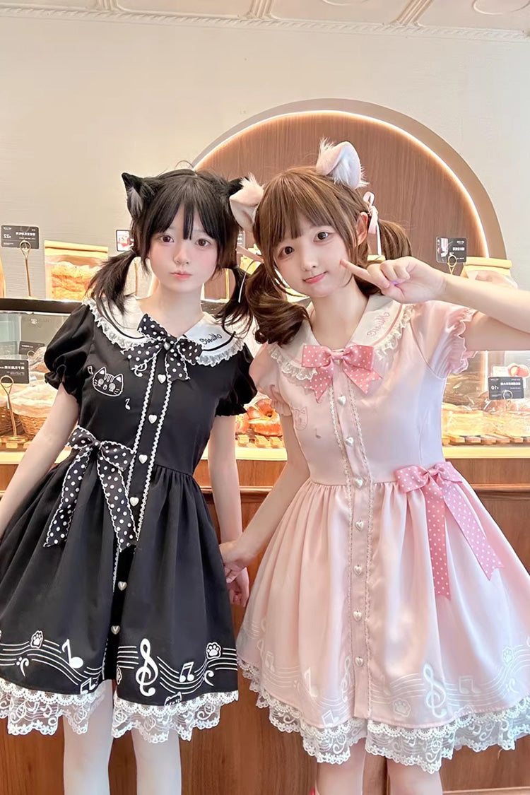 Black Melody Kitty Doll Collar Short Sleeves Ruffled Embroidered Bow Lace Sweet Dress