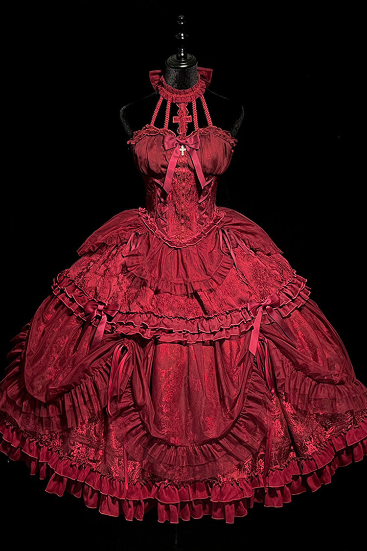 Wine Red Cross Halterneck Ruffle Bowknot Lace Lace-Up Gothic Dress