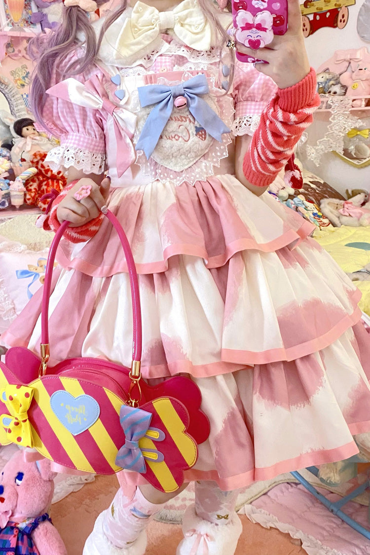 Pink Sleeveless Triple Layer Cow Print Ruffle Bow Sweet Jsk