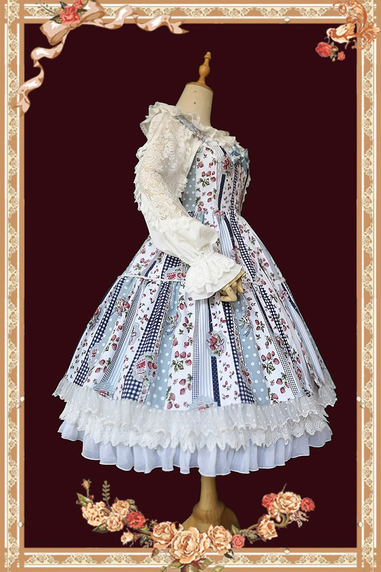 Light Blue Sweet Lolita Dress with Strawberry Plaid Print and Bowknot
