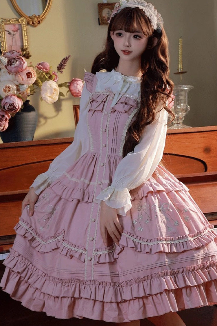 Pink Pastoral Double Ruffled Embroidery Sweet Lolita Jumper Dress