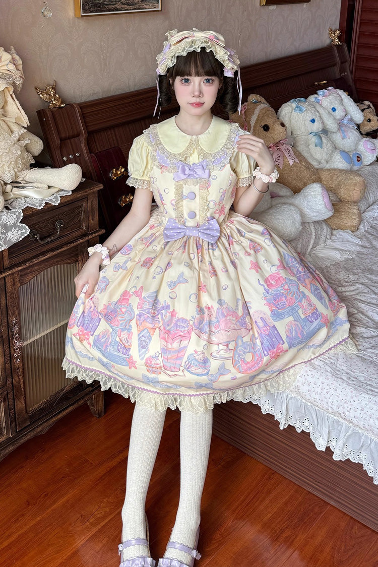 Mermaid Print Bowknot Lace JSK Dress - Cream Soda Yellow