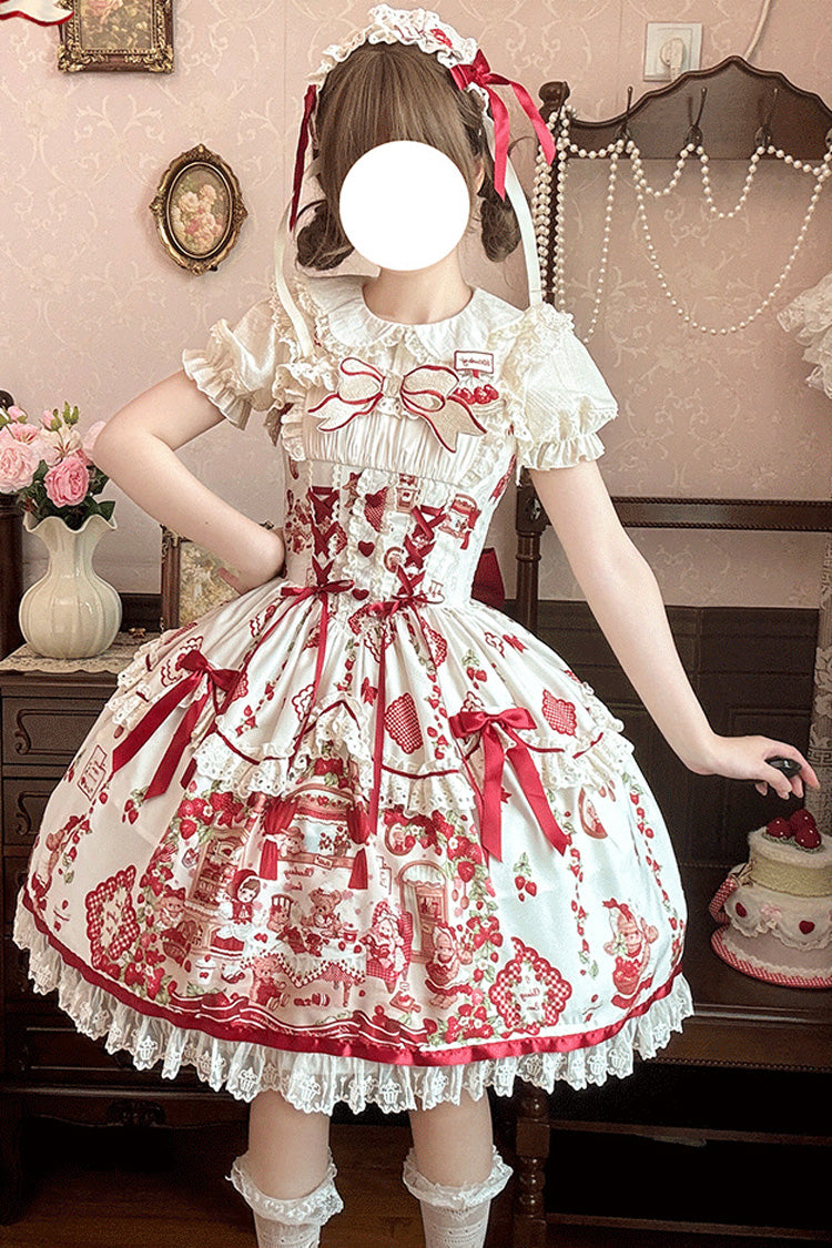Ivory Scarlet Sleeveless Printed Ruffle Embroidered Bow Lace Sweet Jumper Dress - Strawberry Bear