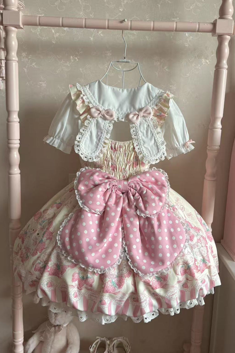 Strawberry Print Sleeveless Bowknot Sweet JSK Dress in 2 Colors - Cream Rabbit Strawberry