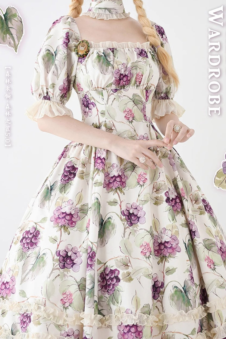 Botanical Print Ruffle-Trim Lace Summer Lolita Gown in Six Shades - Forest Basket