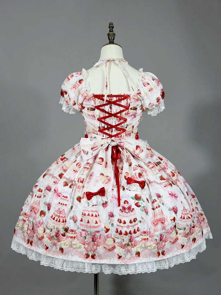 Sweet White Full Set Bow Cake Strawberry Accents Dress Print / Lolita