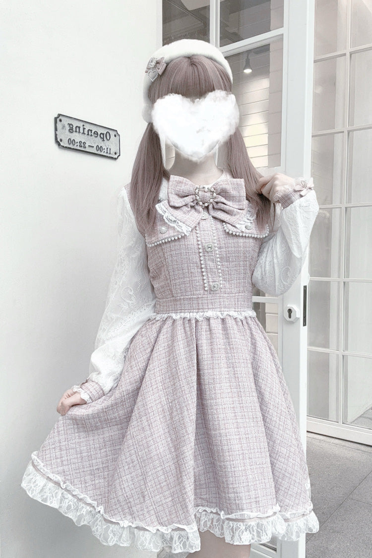 Jirai Kei Dress with Bowknot, Lace, Pearl Details, Long Sleeves, Grey/Pink